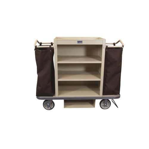 Royal Basket Deluxe Metal Housekeeping Cart, 3 Shelf / 2 Bags - Vacuum Bar and Glass Rack, Beige